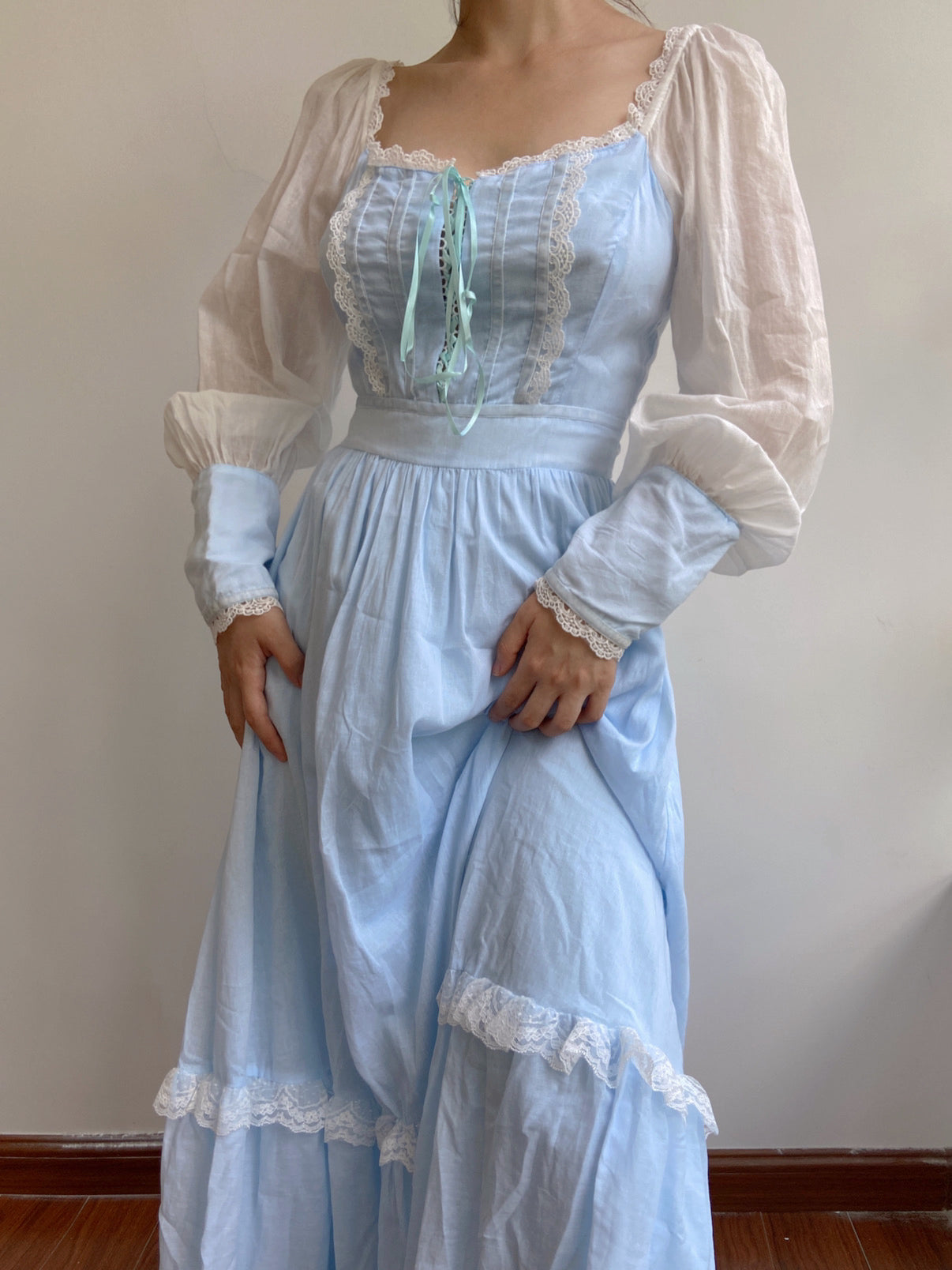 Romantic Princess Long Sleeve Lace Maxi Dress - Blue | VintageMist