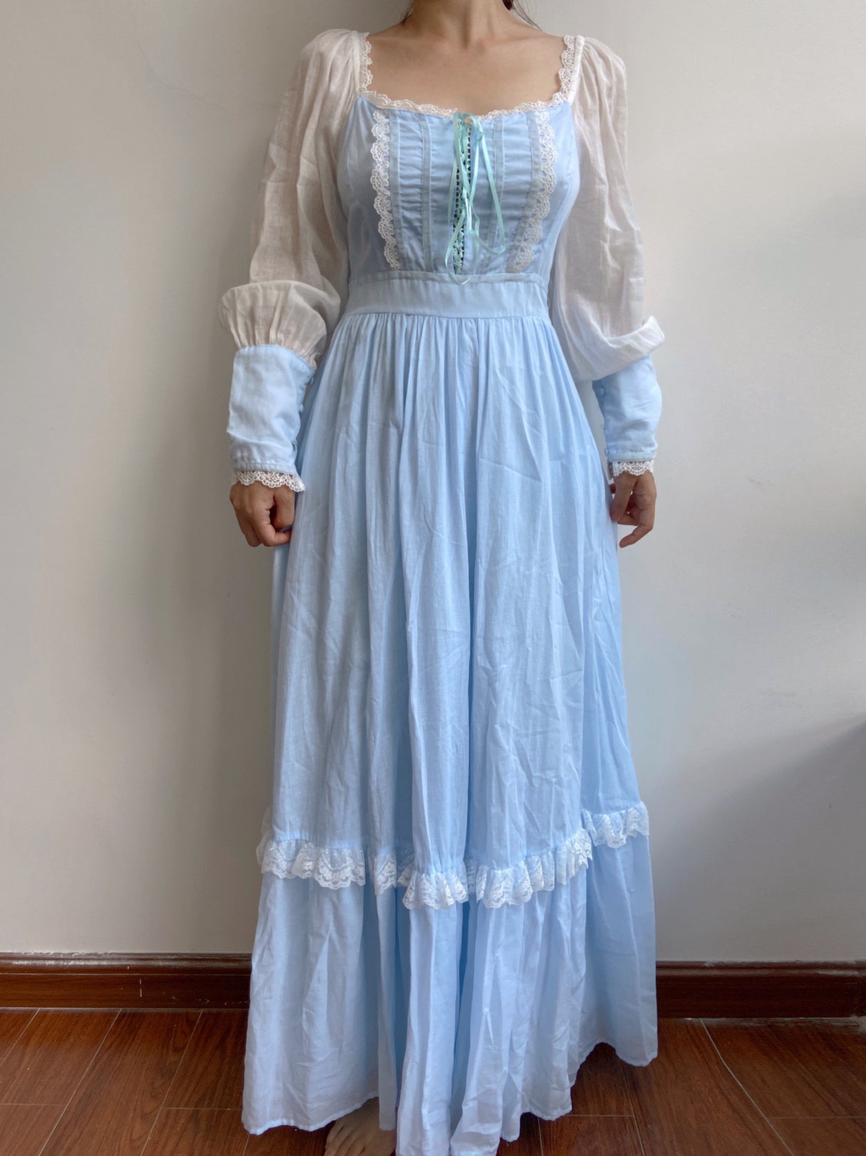 Romantic Princess Long Sleeve Lace Maxi Dress - Blue | VintageMist