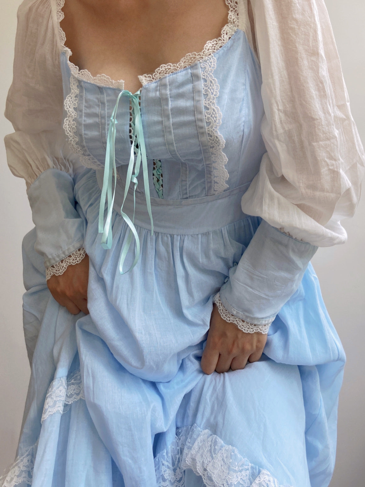 Romantic Princess Long Sleeve Lace Maxi Dress - Blue | VintageMist
