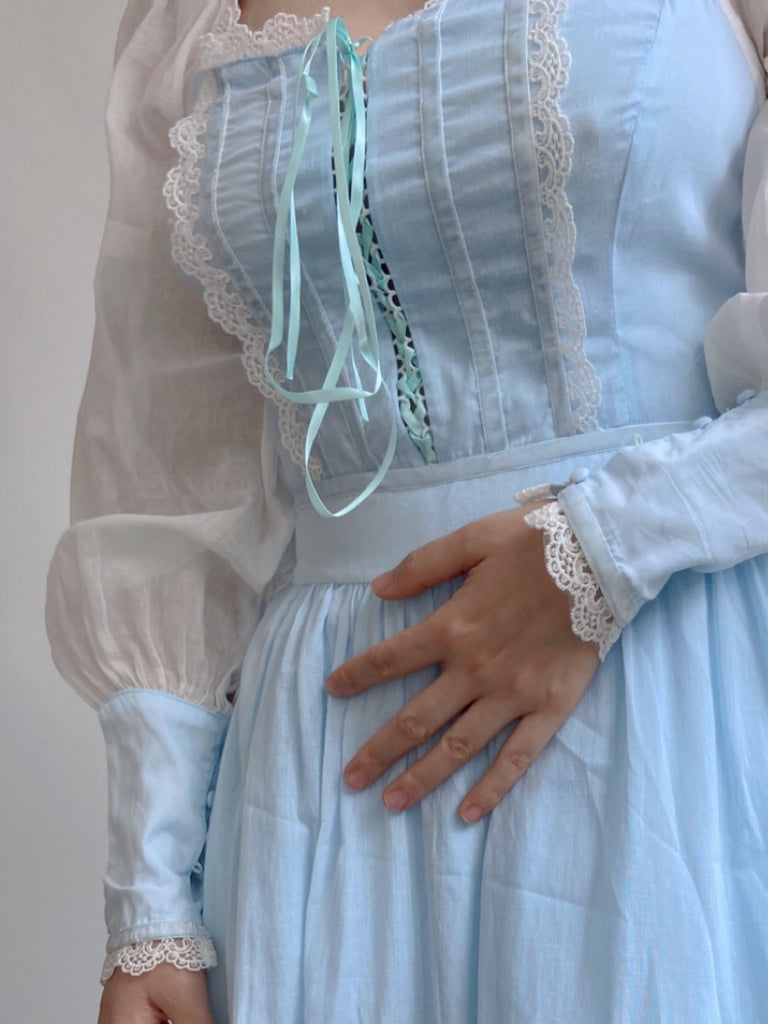 Romantic Princess Long Sleeve Lace Maxi Dress - Blue | VintageMist