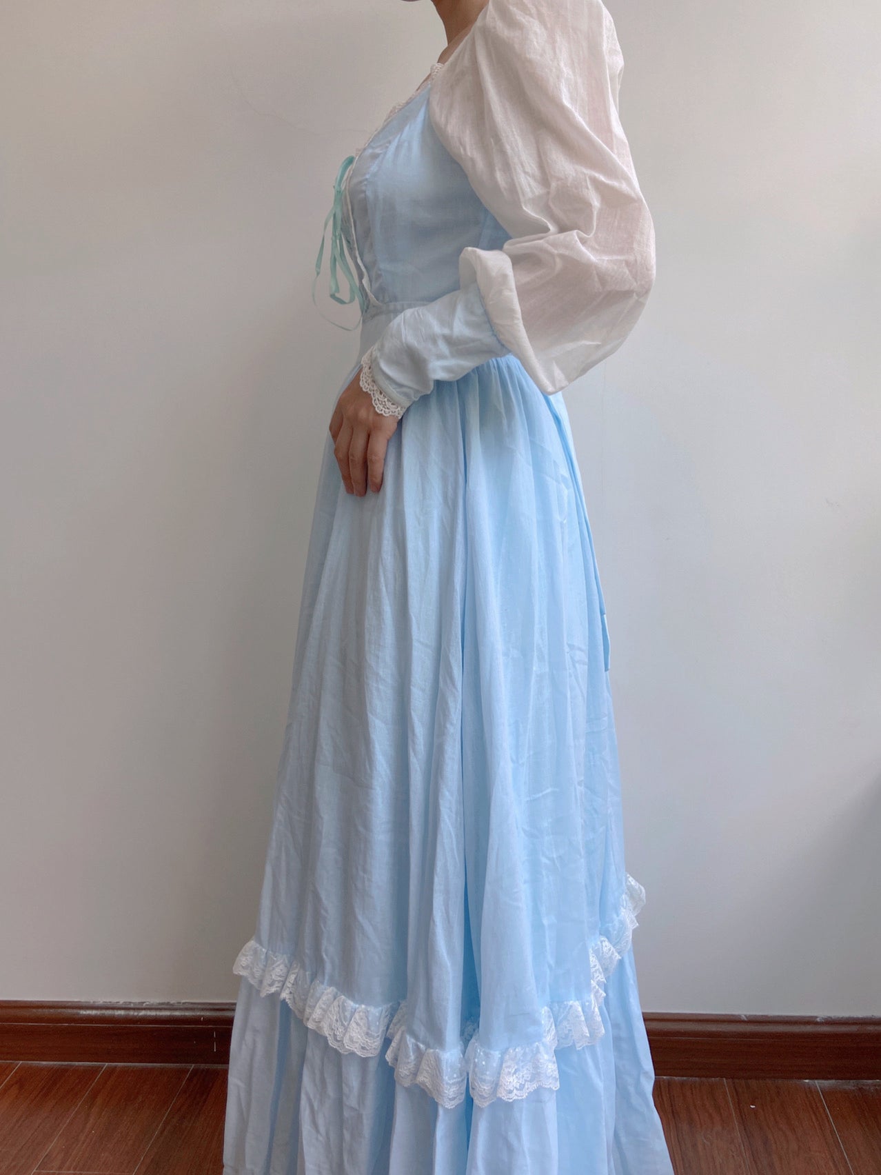Romantic Princess Long Sleeve Lace Maxi Dress - Blue | VintageMist