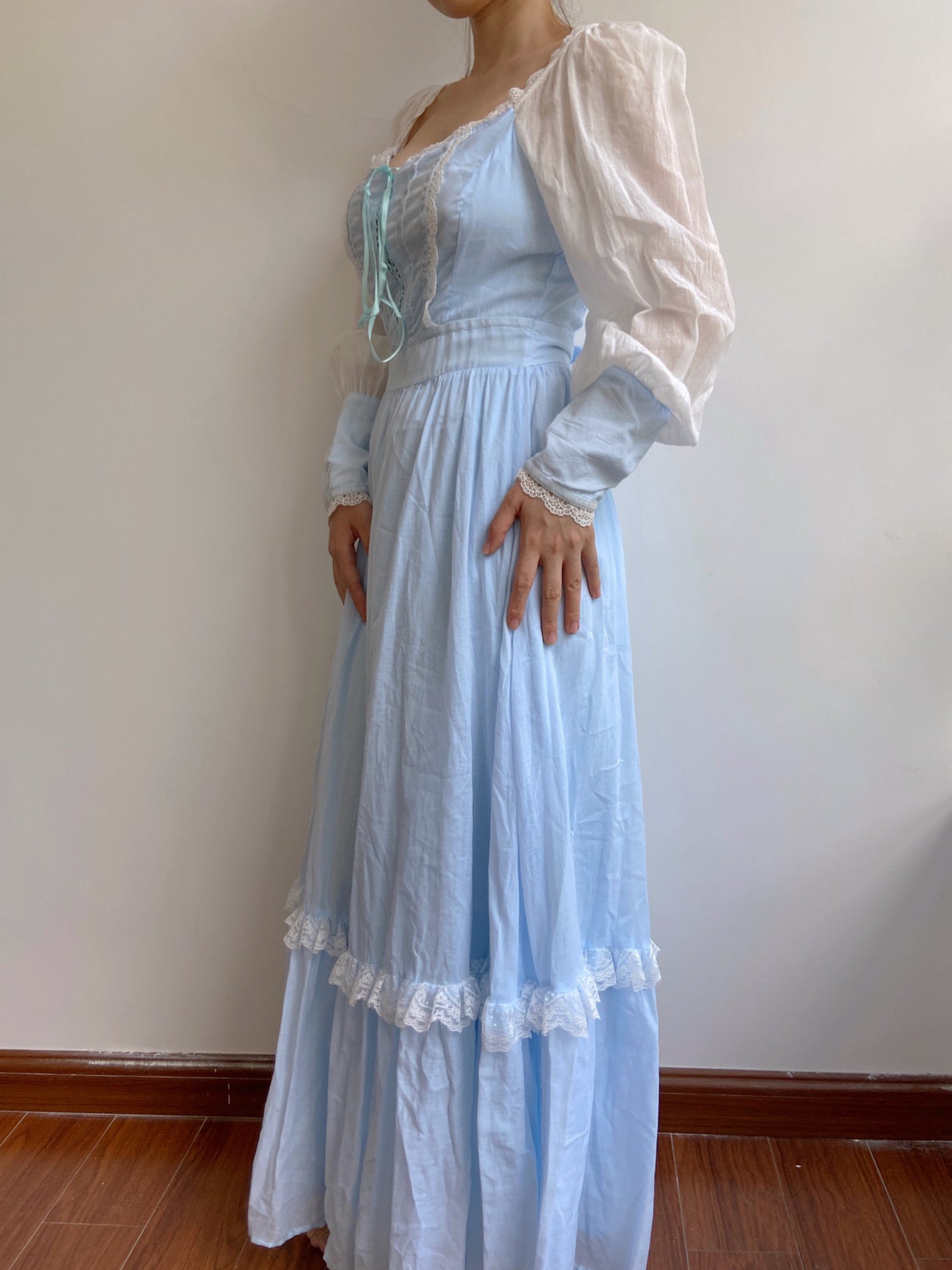 Romantic Princess Long Sleeve Lace Maxi Dress - Blue | VintageMist
