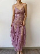 Sequin Ruffles Backless Bodycon Dress - Purple | VintageMist_