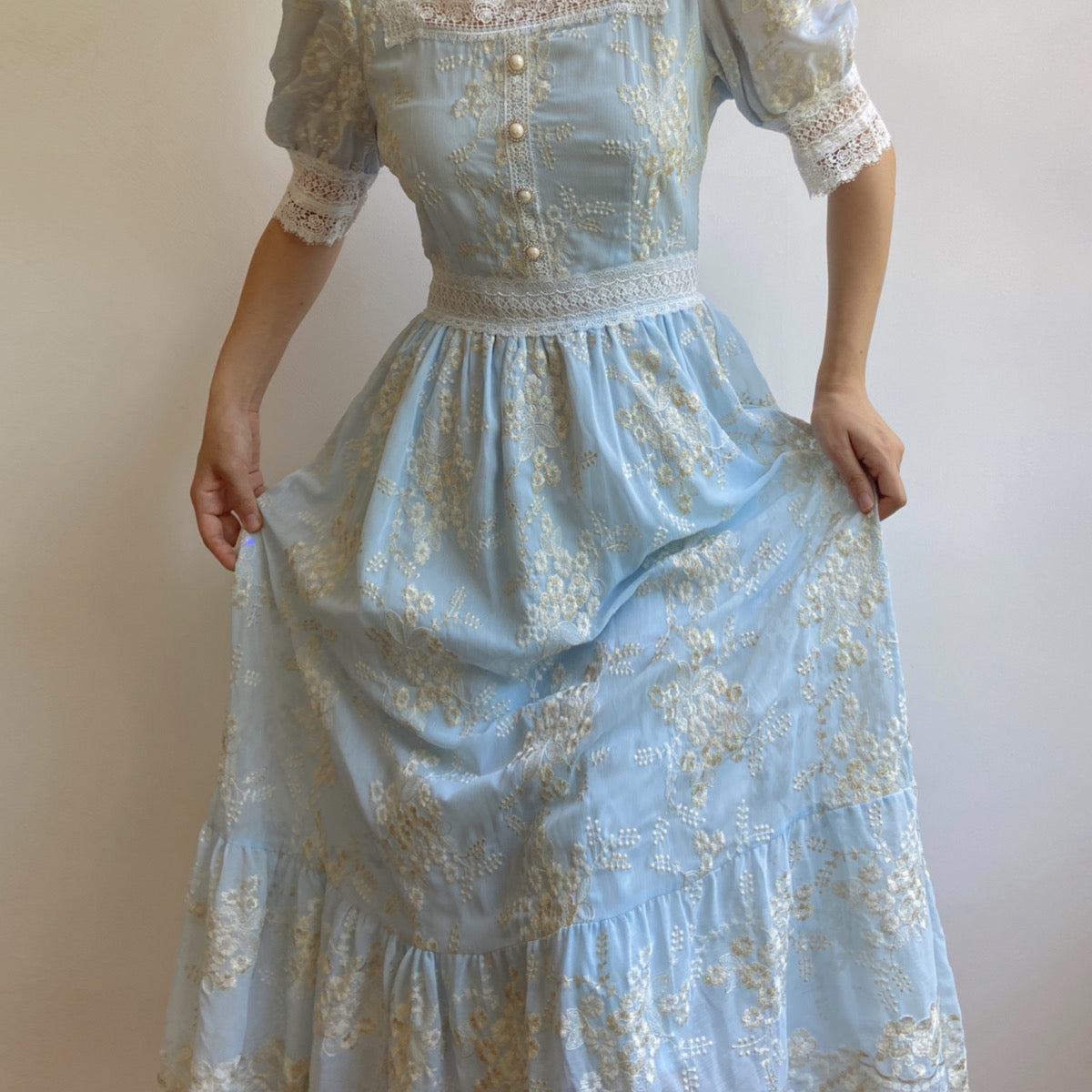 Square Neck Half Sleeve Chiffon Tea-Length Dress Daffodil