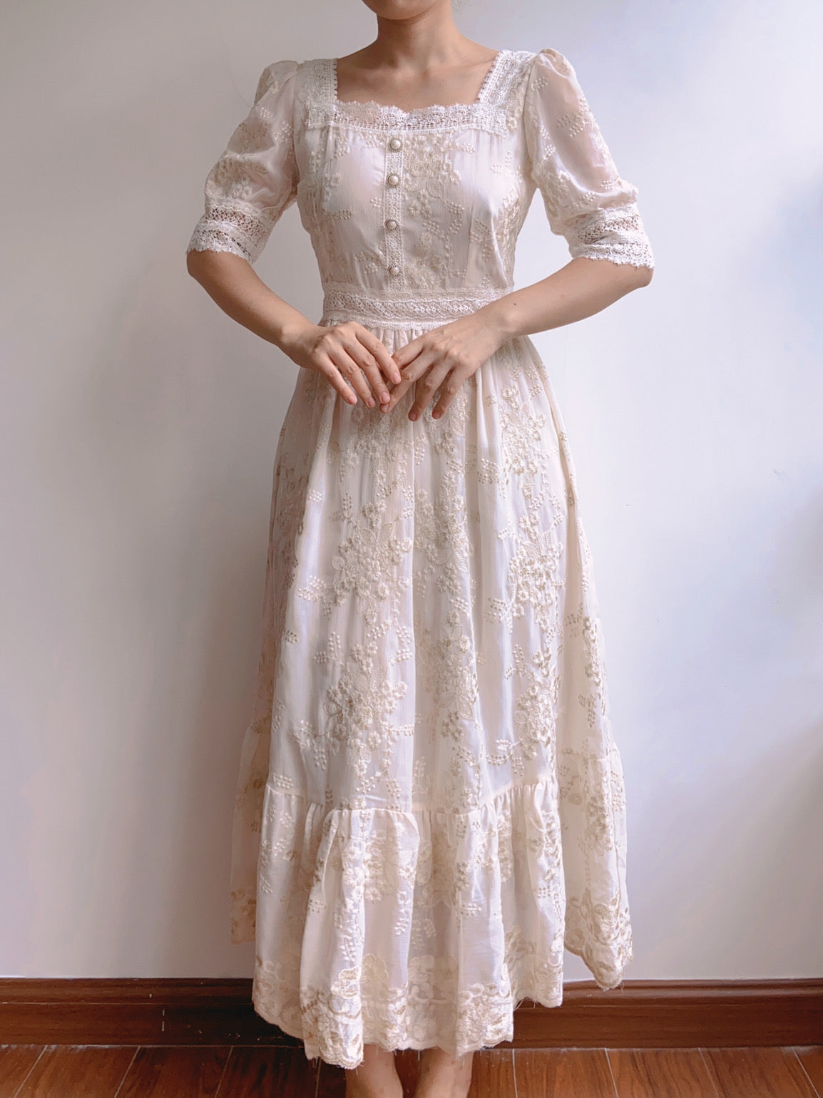 Square Neck Half Sleeve Lace Flower Dress | VintageMist_