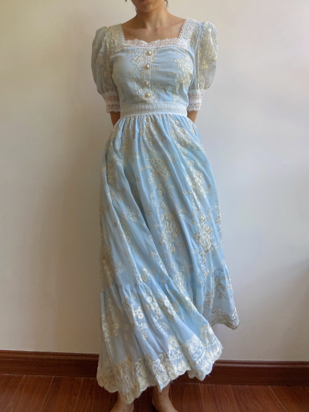 Square Neck Half Sleeve Lace Flower Dress | VintageMist_