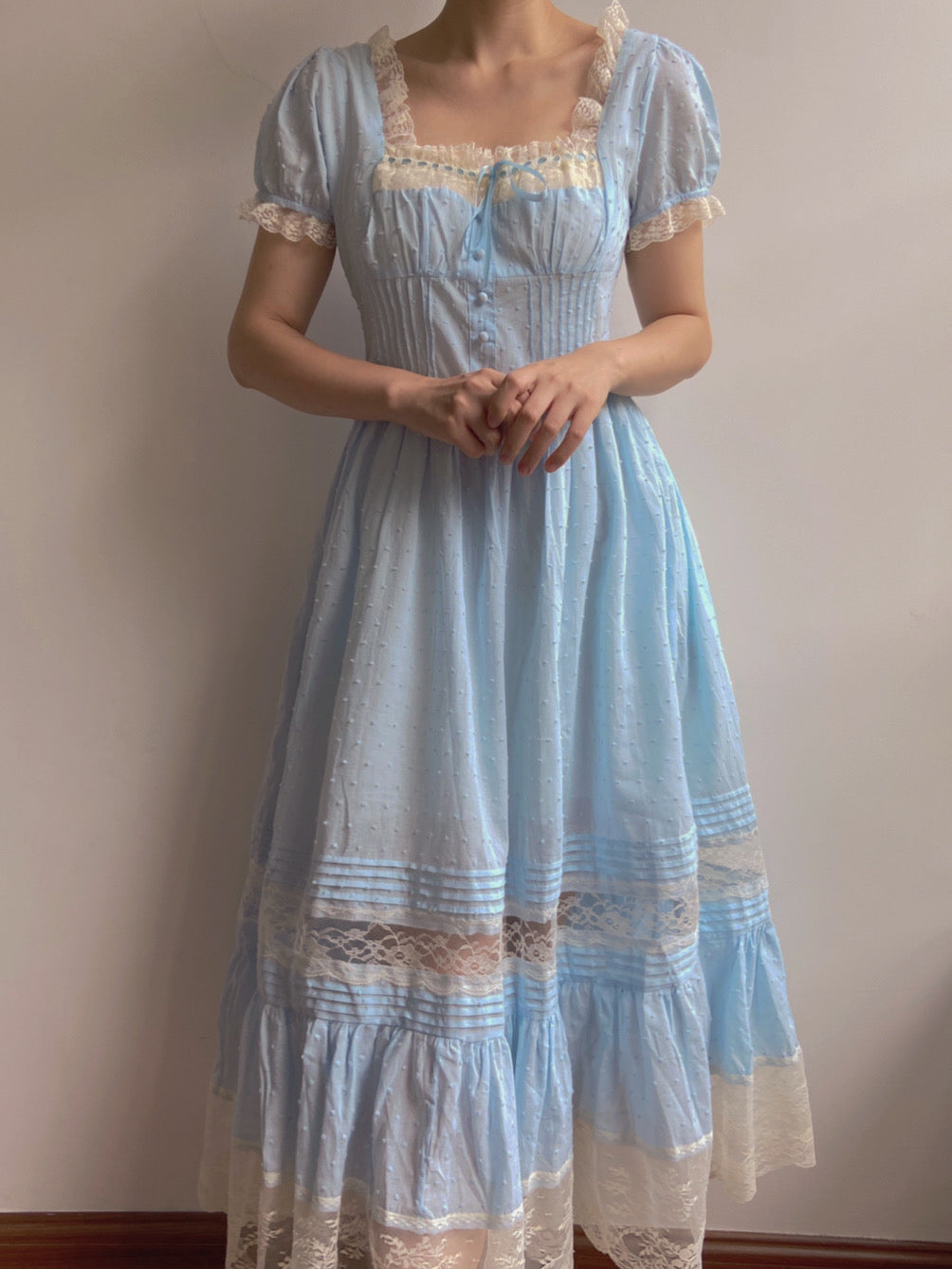 Square Neck Lace Maxi Dress - Blue | VintageMist_