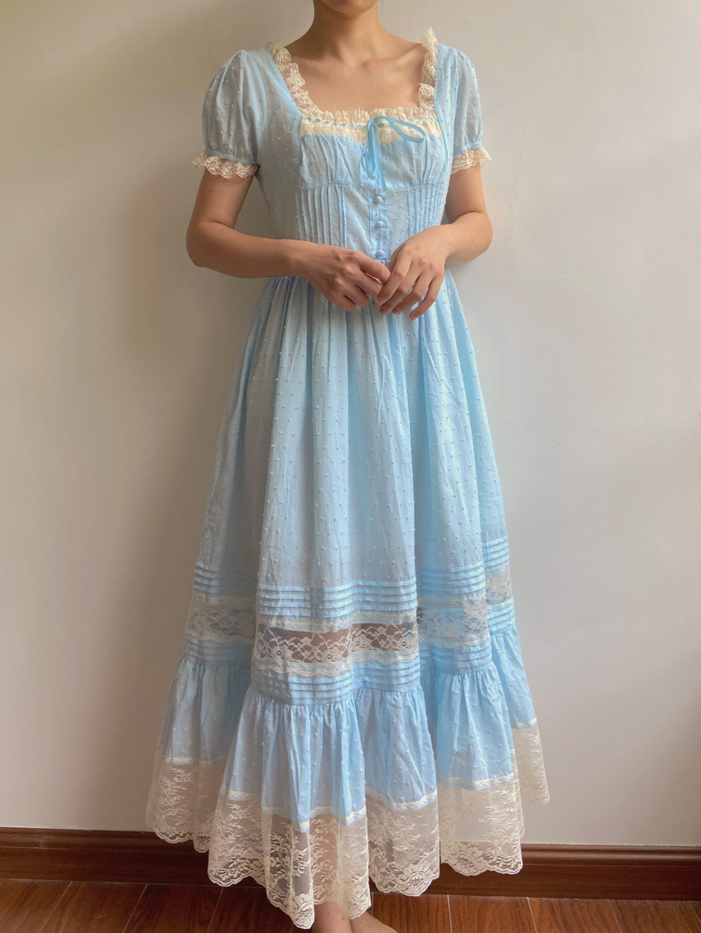 Square Neck Lace Maxi Dress - Blue | VintageMist_