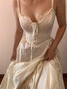 Strap Ruffle Corset Maxi Dress - Ivory | VintageMist