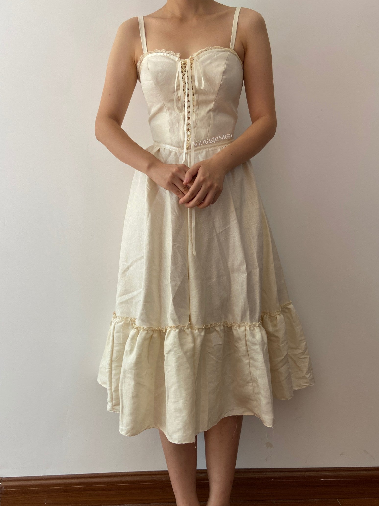 Strap Ruffle Corset Midi Dress - Ivory | VintageMist