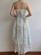 Strap Square Collar Embroidery Flower Dress - Green | Vintage Mist