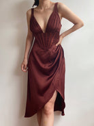 V-neck Bodycon Ruched High Slit Corset Dress - Chocolate | VintageMist