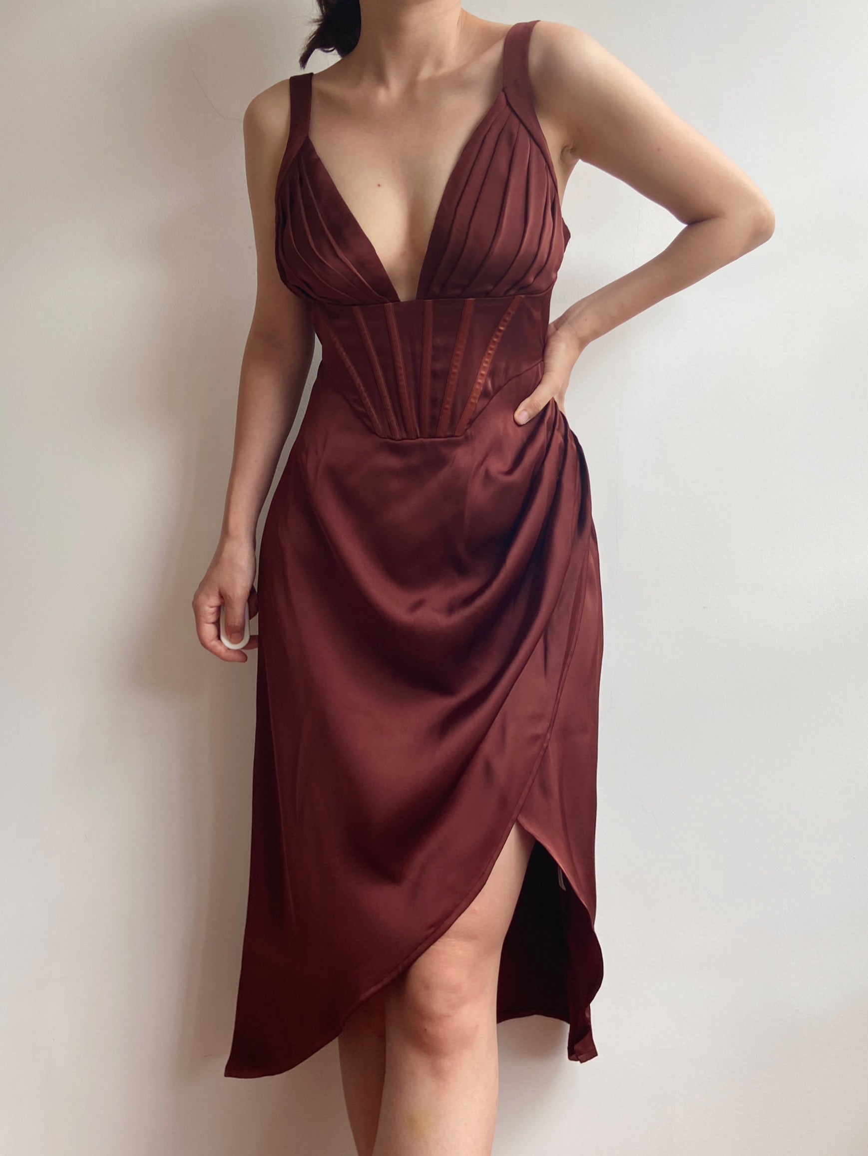 V-neck Bodycon Ruched High Slit Corset Dress - Chocolate | VintageMist