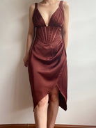 V-neck Bodycon Ruched High Slit Corset Dress - Chocolate | VintageMist