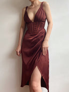 V-neck Bodycon Ruched High Slit Corset Dress - Chocolate | VintageMist