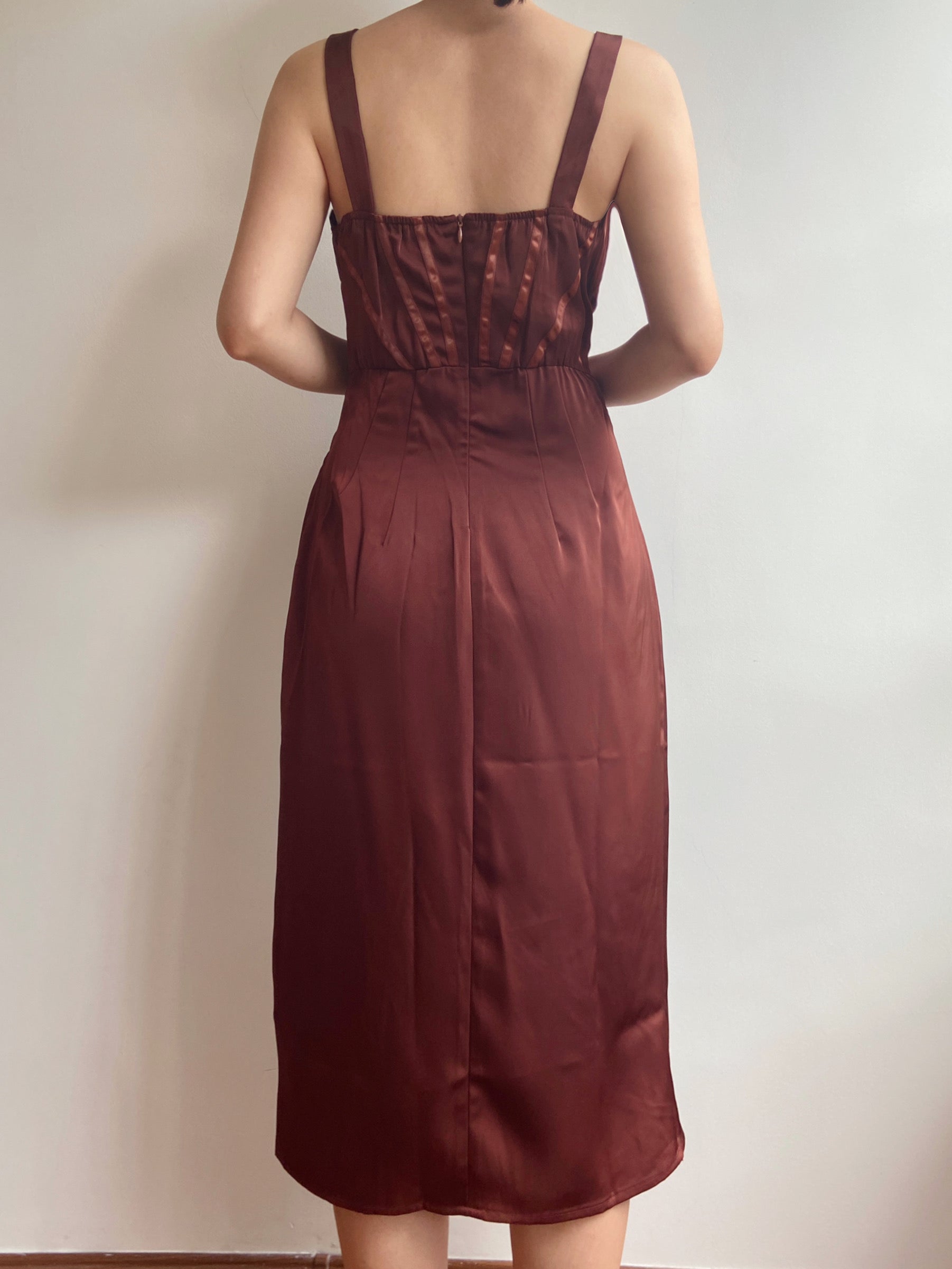 V-neck Bodycon Ruched High Slit Corset Dress - Chocolate | VintageMist