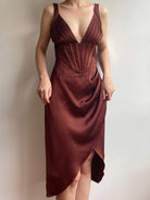 V-neck Bodycon Ruched High Slit Corset Dress - Chocolate | VintageMist