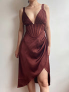 V-neck Bodycon Ruched High Slit Corset Dress - Chocolate | VintageMist
