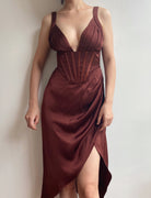 V-neck Bodycon Ruched High Slit Corset Dress - Chocolate | VintageMist