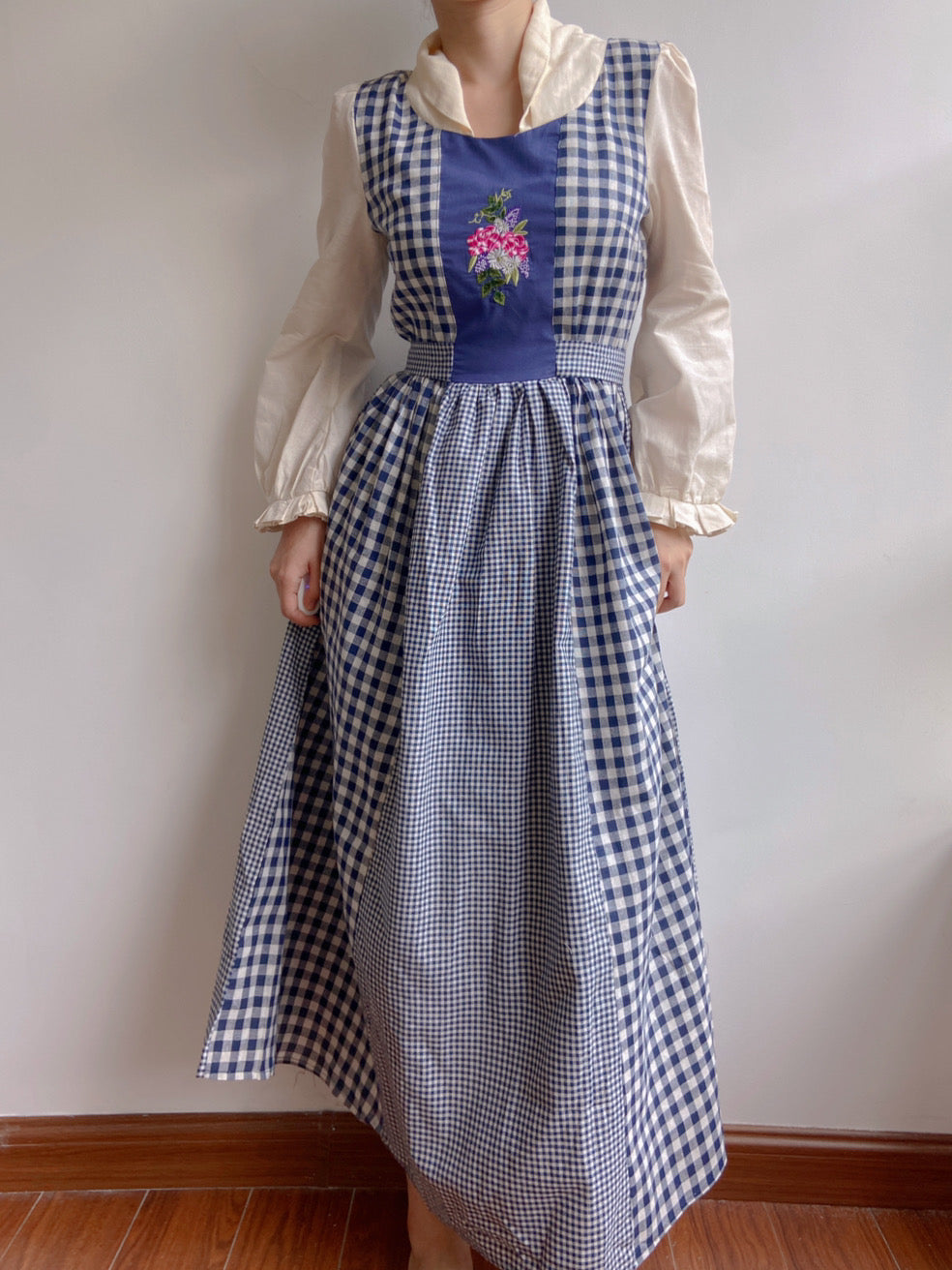 Vintage Mist Check Patchwork Floral Embroidery Midi Dress | Vintage Mist
