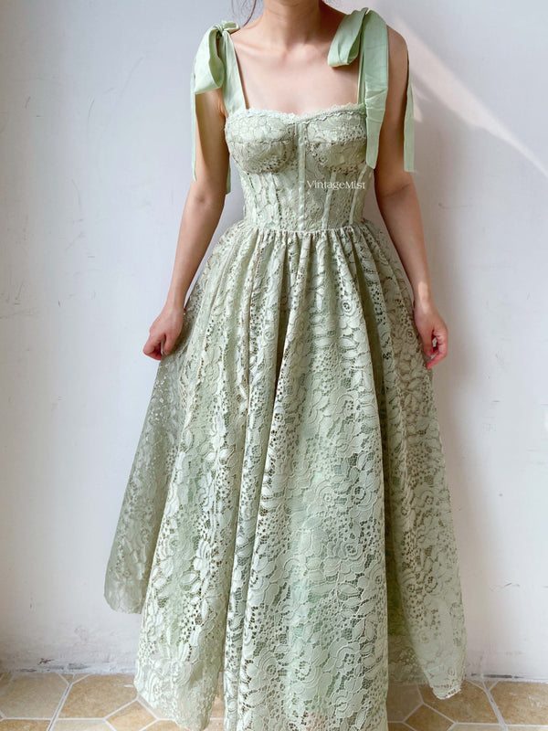 Cottagecore Strap Lace Hollow Corset Dress - Green | VintageMist