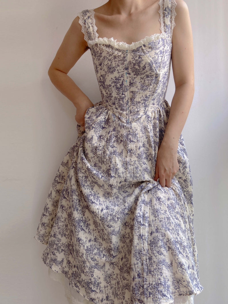 Lace Cottagecore Bustier Milkmaid Strap Corset Dress - Blue | VintageMist