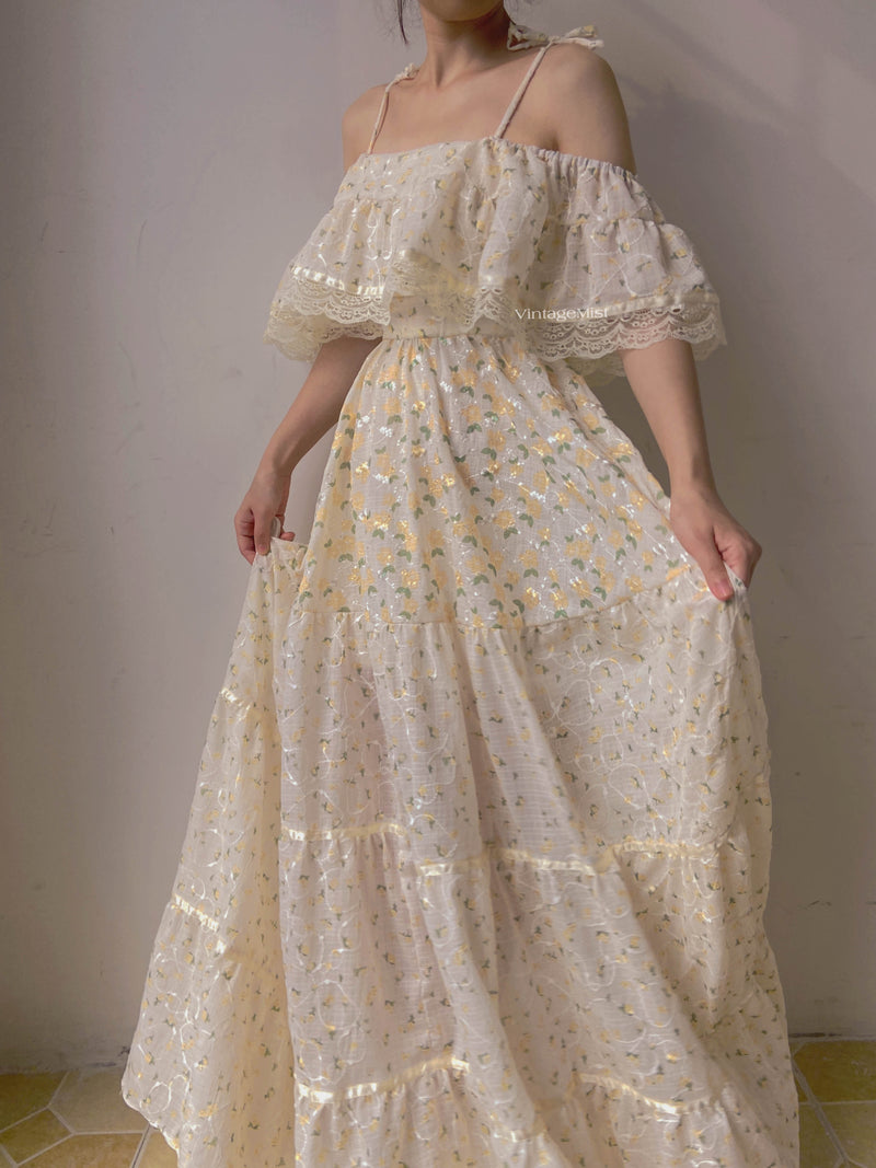 Vintage Floral Ruffled Lace Maxi Dress - Beige | VintageMist