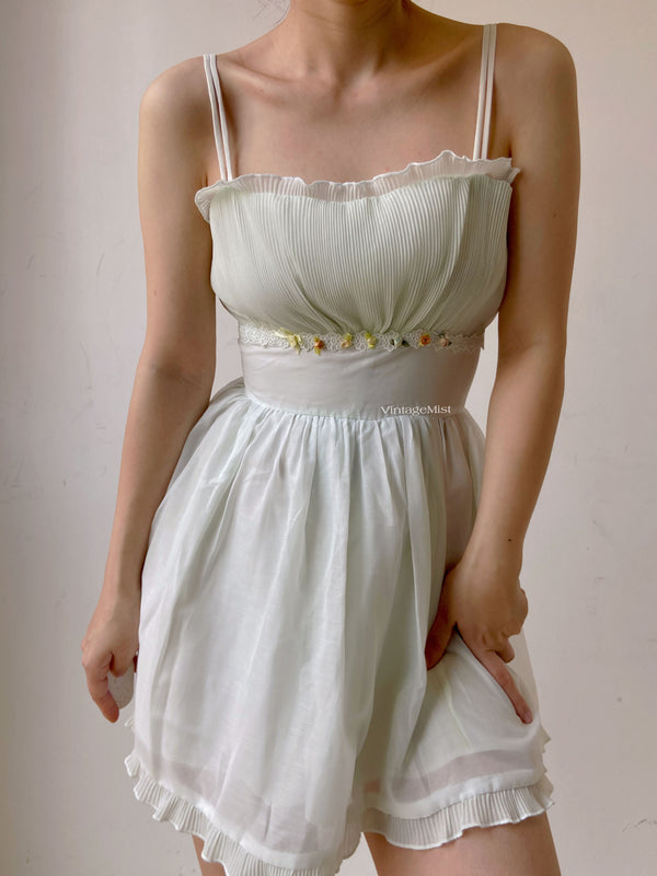 Lace Ruched Cami Mini Skirt Dress - White | VintageMist