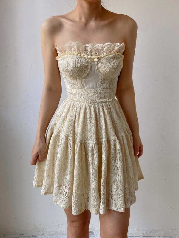  Lace Ballerina Strapless Mini Dress With Pleats - Beige | VintageMist