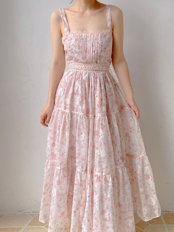 Lace Floral Halter Ruffle Dress - Pink | VintageMist