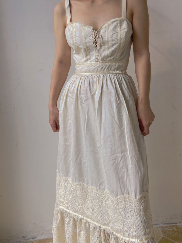 Gunne Sax Inspired Corset Dress with Lace Splicing - Ivory | VintageMist