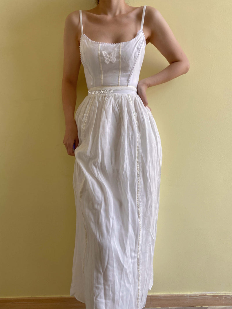 1970s Romantic Butterfly Strap Lace Dress - White | VintageMist