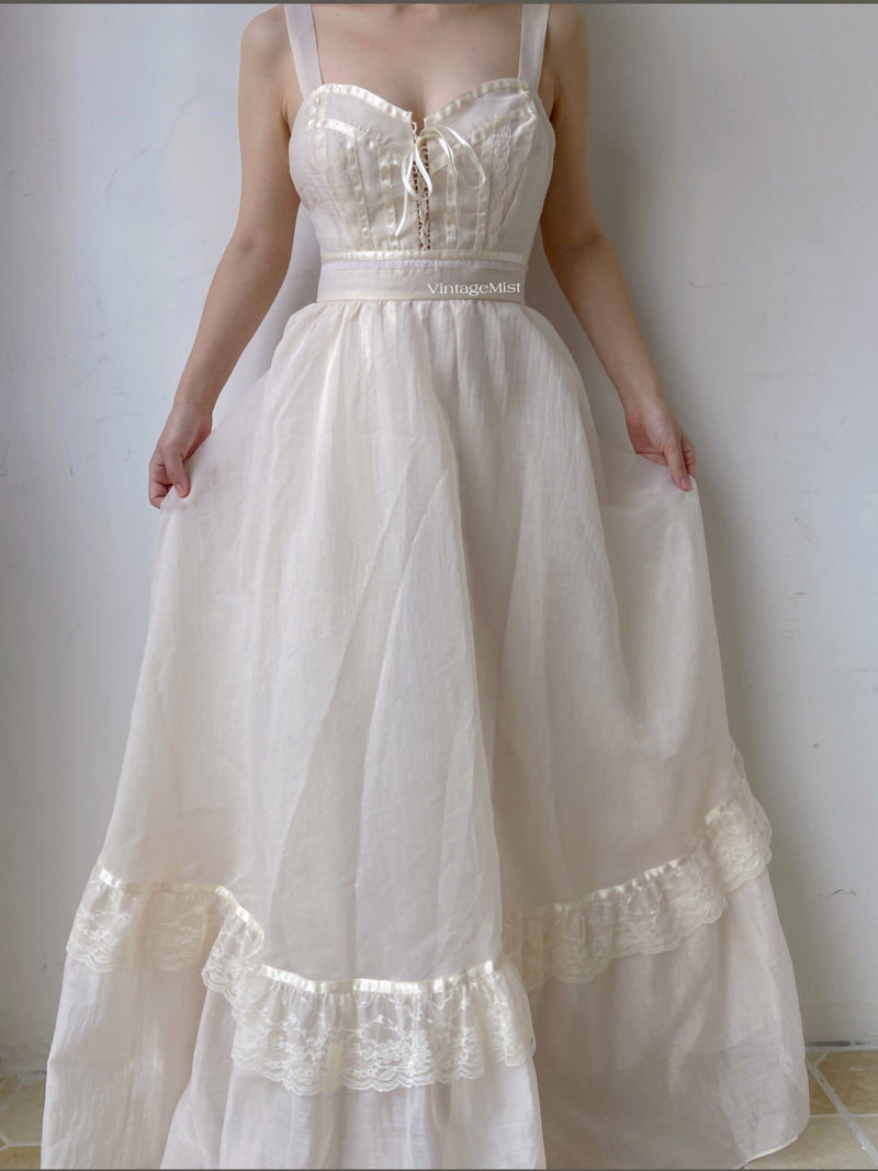 Organza Lace Trim Strap Maxi Dress - Ivory | VintageMist