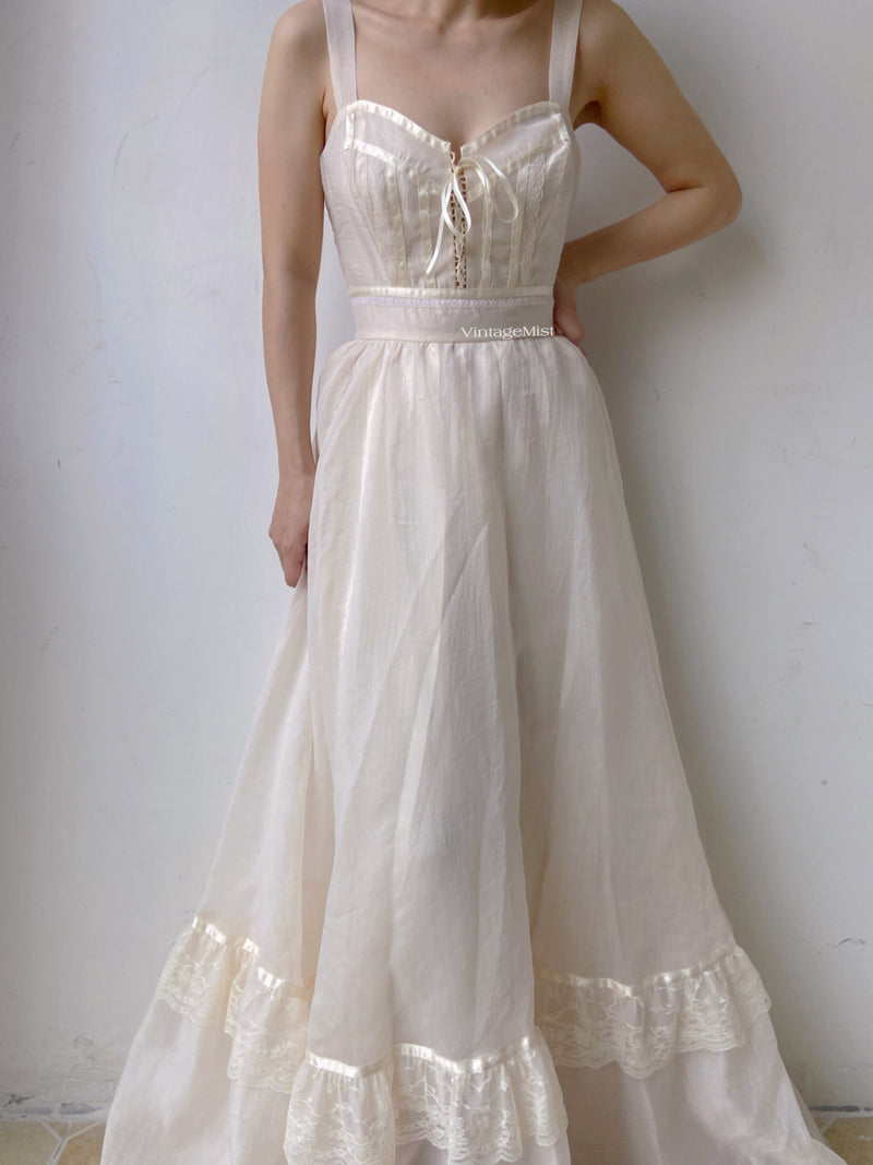 Organza Lace Trim Strap Maxi Dress - Ivory | VintageMist