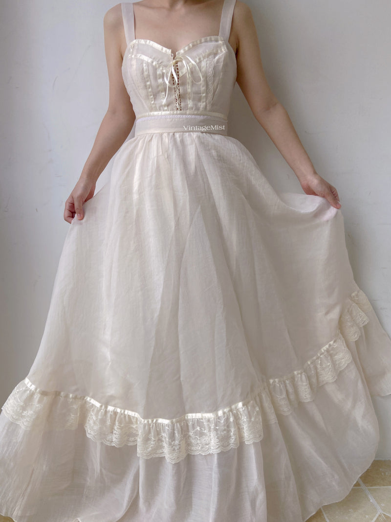 1970s Organza Lace Trim Strap Maxi Dress - Ivory | VintageMist