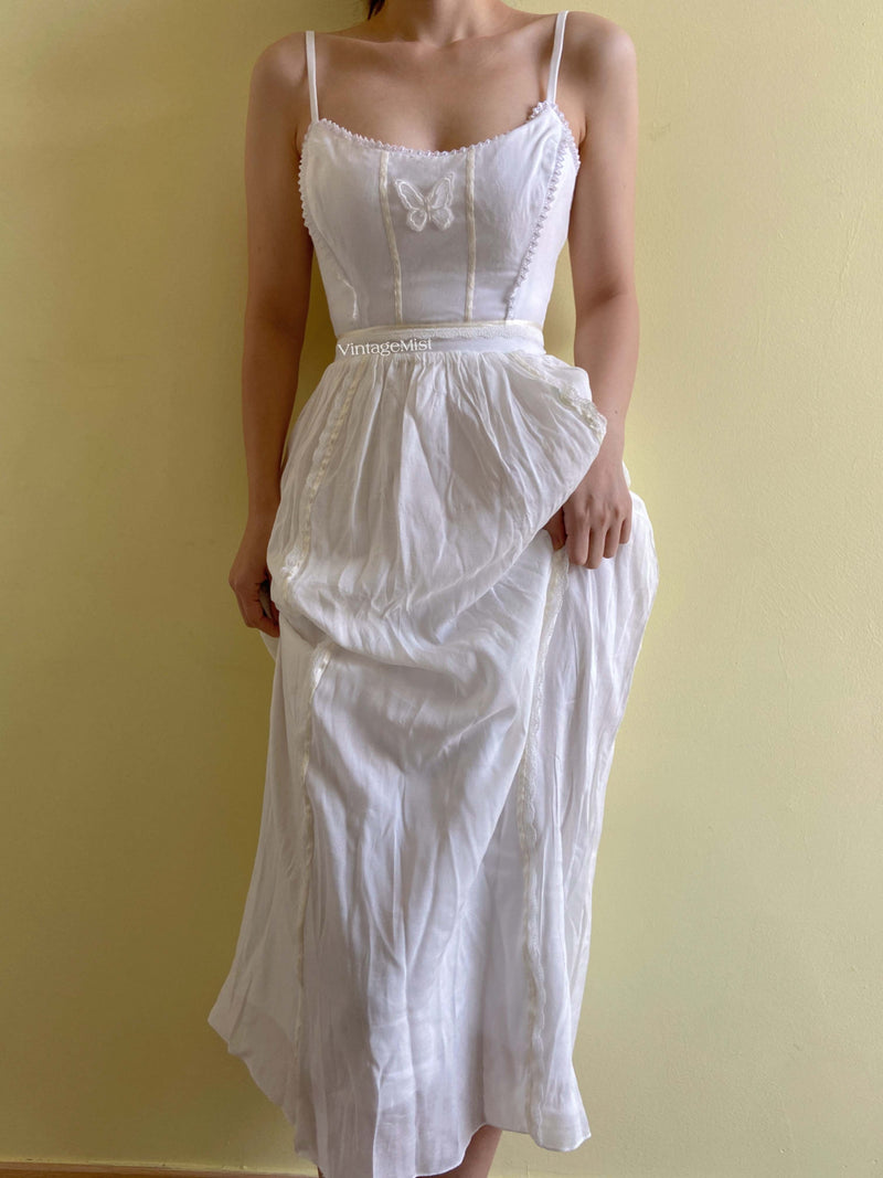 1970s Romantic Butterfly Strap Lace Dress - White | VintageMist