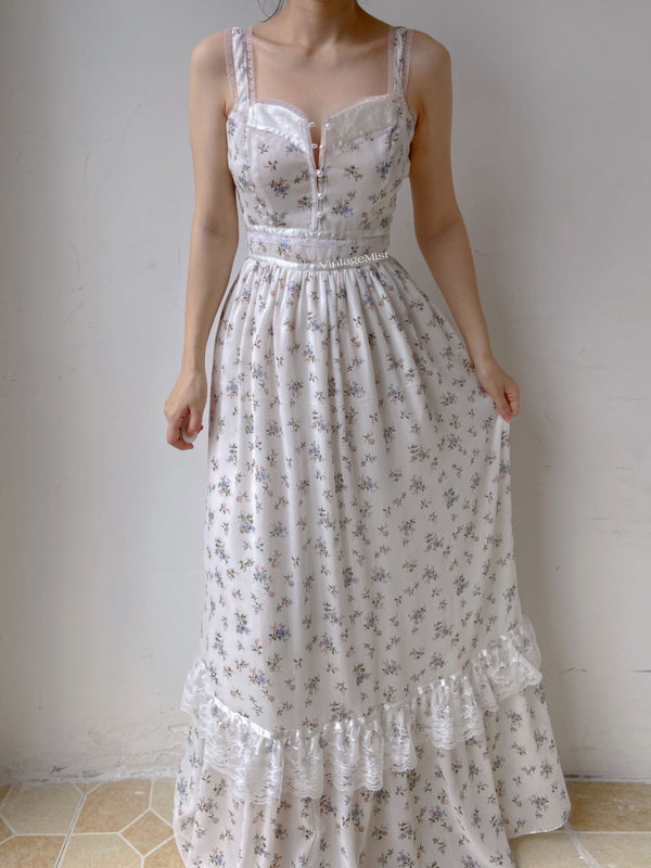 Chiffon Floral Lace Trim Beaded Cami Dress - White | VintageMist