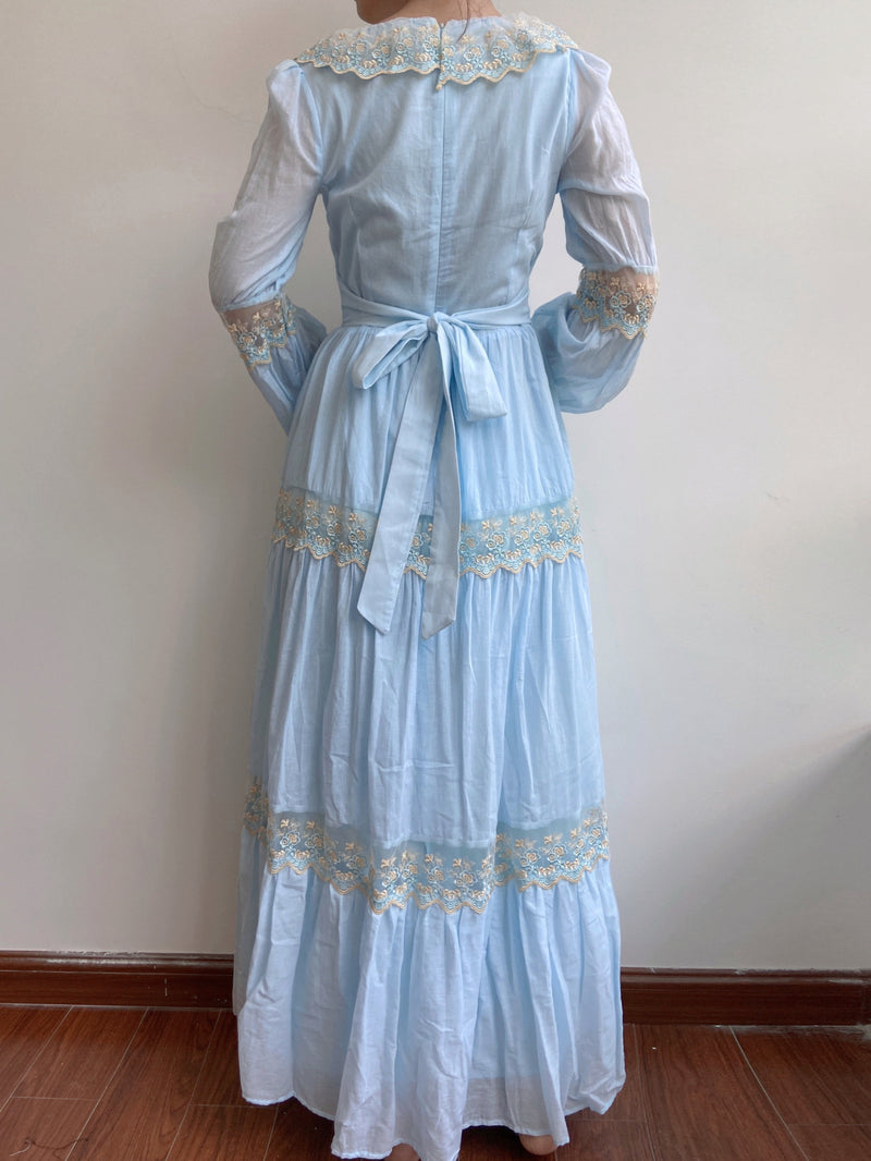 Flowy Blue Lace Ruffles Maxi Dress - Blue | VintageMist