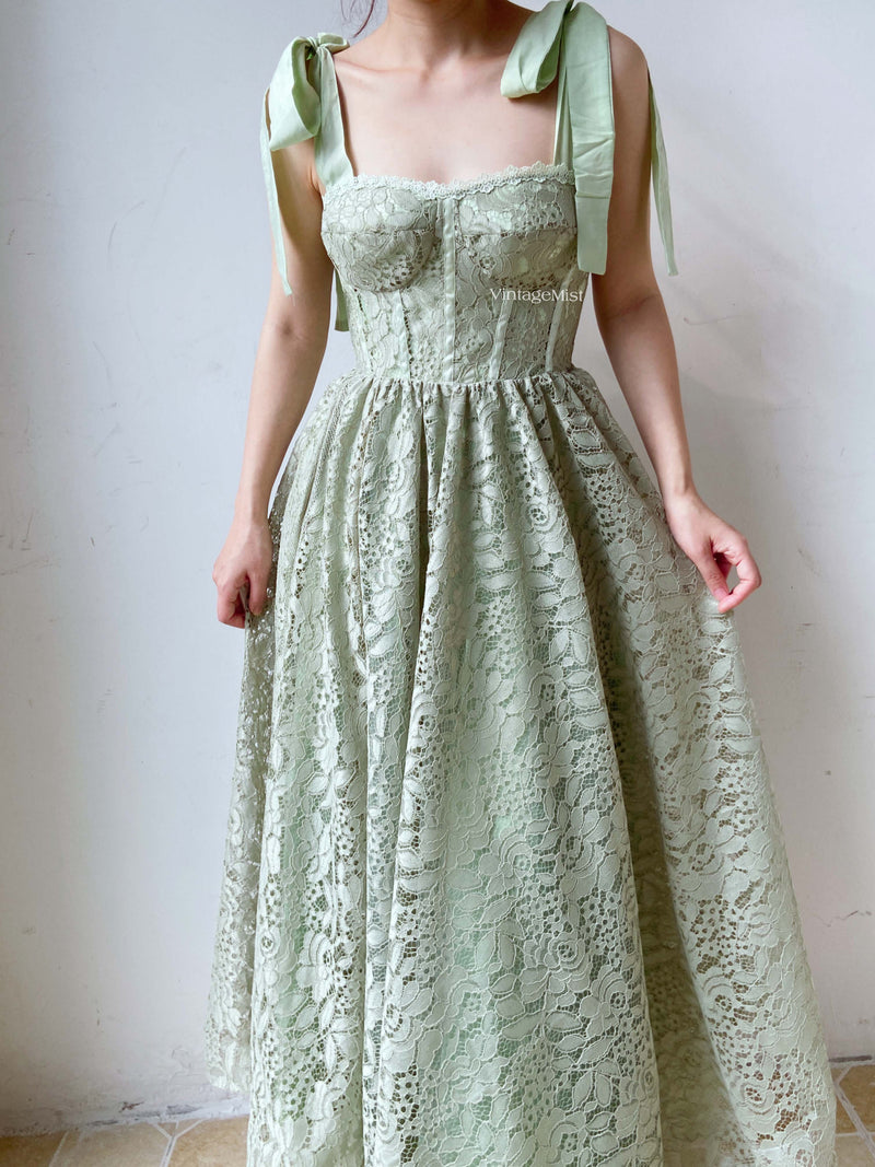 Cottagecore Strap Lace Hollow Corset Dress - Green | VintageMist