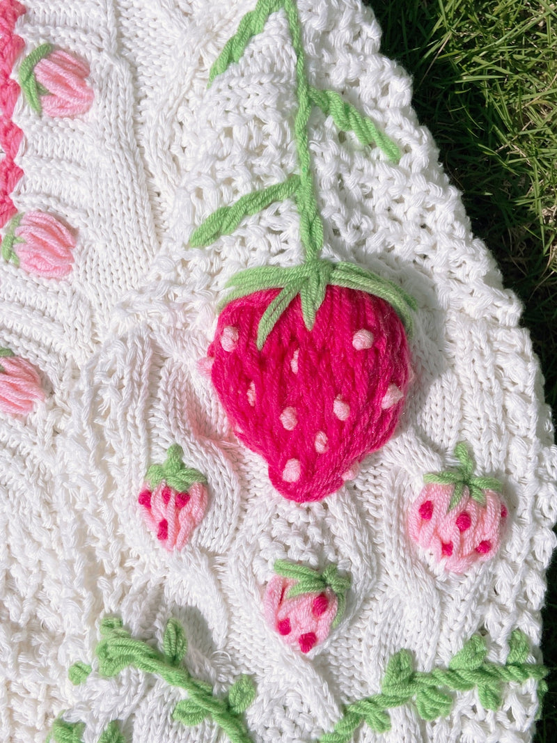 Fairycore Strawberry Hand Embroidery Cardigan Sweater - White | Vintage Mist