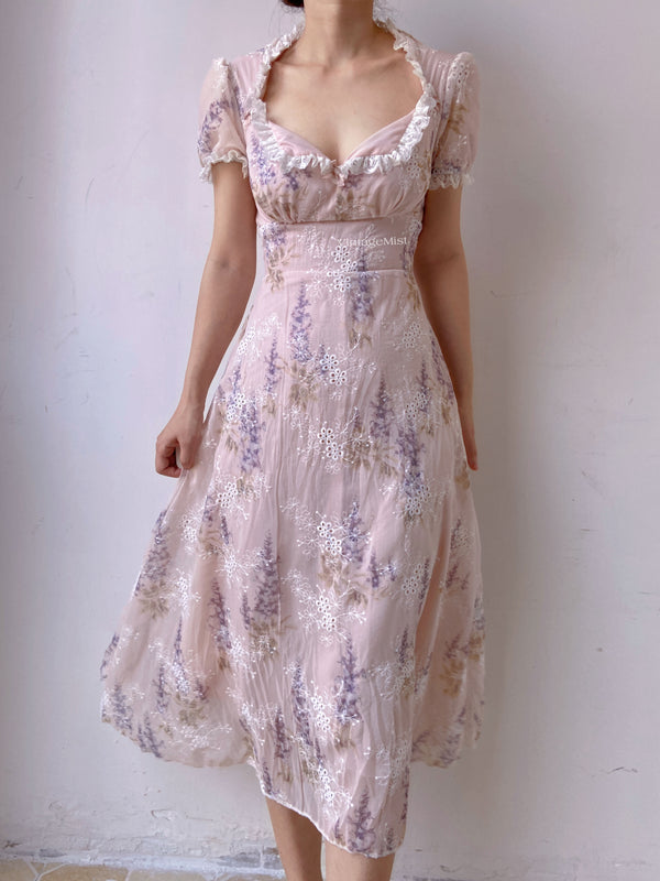 Lavender Embroidered Lace Trim Dress - Purple | VintageMist