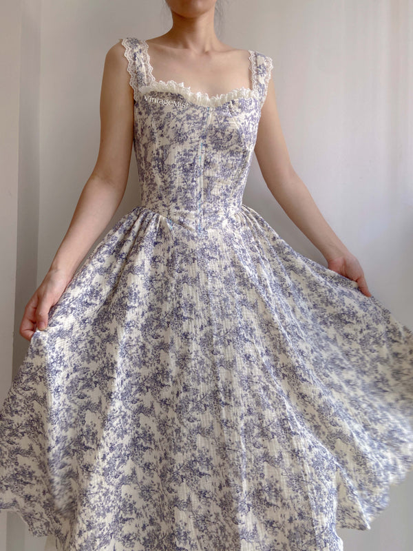 Lace Cottagecore Bustier Milkmaid Strap Corset Dress - Blue | VintageMist