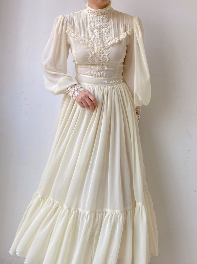 Chiffon Lantern Sleeve Lace Trim Dress - Ivory | VintageMist