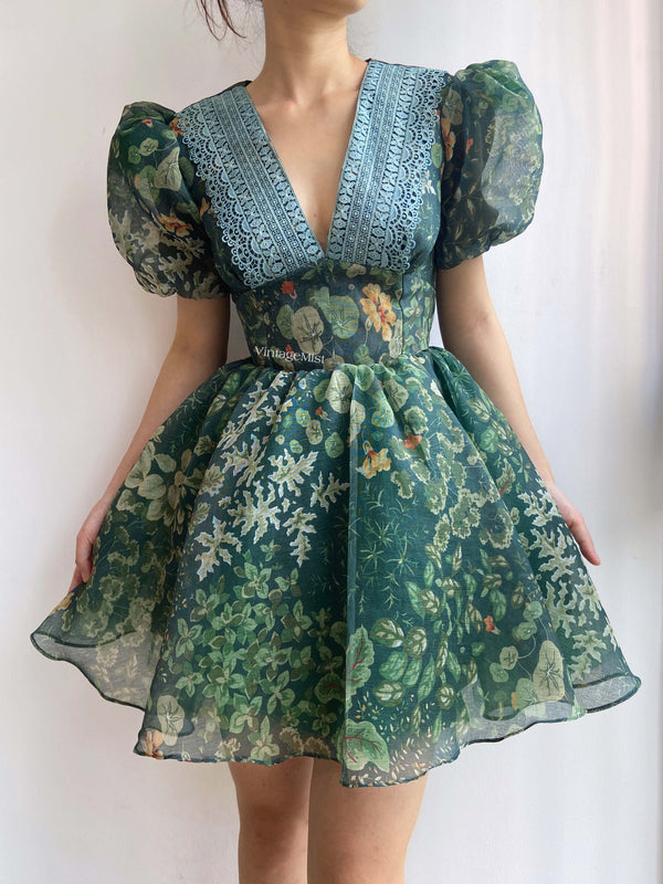Puffy Sleeves Lace V Neck Floral Cottagecore Mini Dress - Green | VintageMist