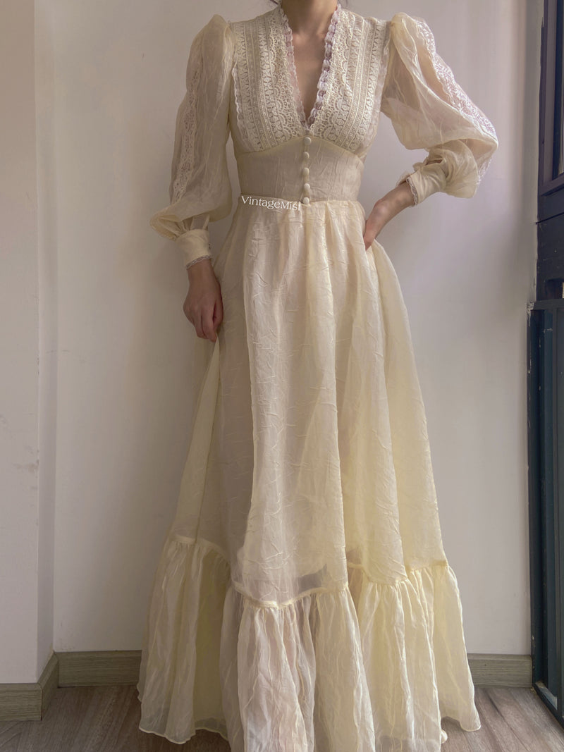 Vintage 70s  Lace Gown Maxi Dress with Long Sleeves - Beige | VintageMist