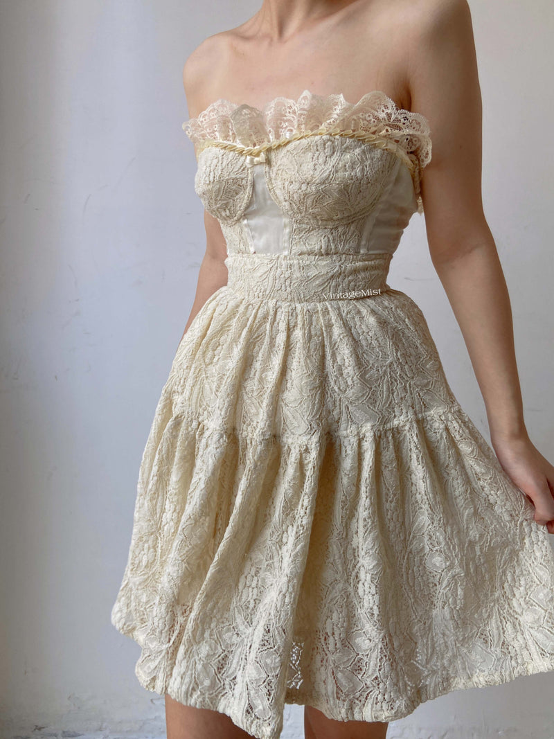  Lace Ballerina Strapless Mini Dress With Pleats - Beige | VintageMist