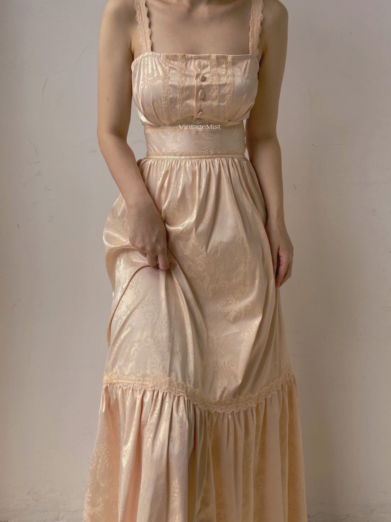 Lace Trimmed Jacquard Cami Dress - Champagne | VintageMist