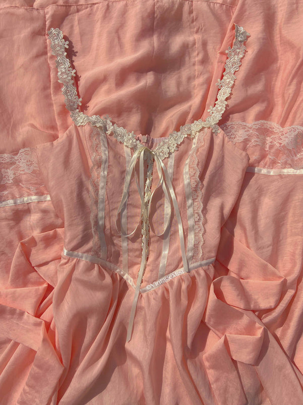 70s Inspired Vintage Lace Cami Chiffon Dress - Pink | VintageMist