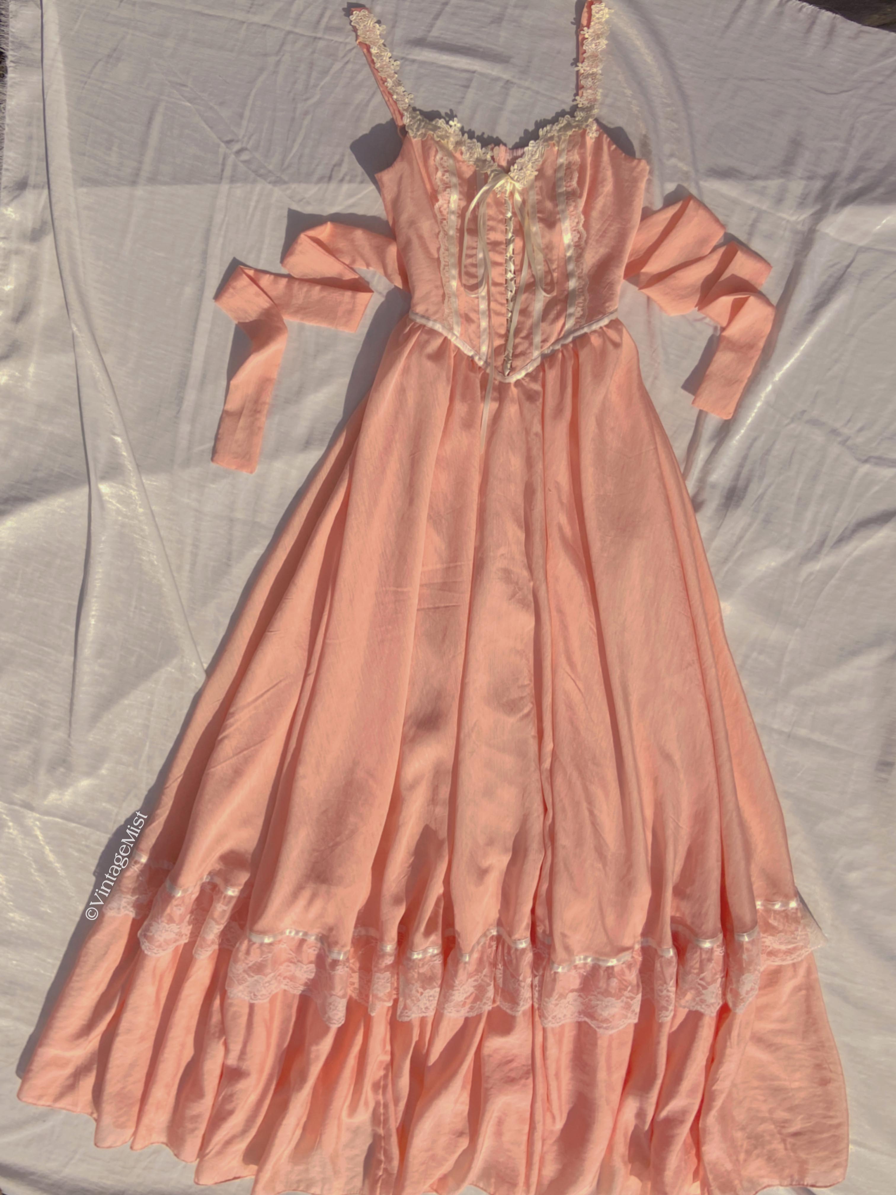 70s Inspired Vintage Lace Cami Chiffon Dress - Pink | VintageMist