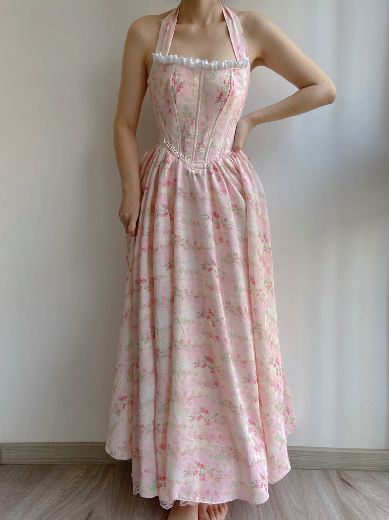Halter Floral Print Ruched Lace Maxi Corset Dress - Pink | VintageMist